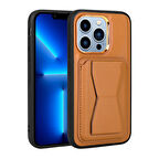 iPhone 12 Pro Max Uyumlu Kartlıklı Standlı ​Pu Deri Zore Memo Kılıf-Kahve Açık