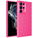 Galaxy S22 Ultra Uyumlu Kamera Korumalı Simli Lüks Zore Koton Kılıf-Pembe Koyu