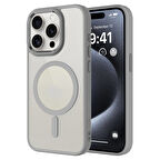 iPhone 15 Pro Uyumlu Wireless Şarj Özellikli Zore Krom Magsafe Silikon Kılıf-Gri