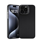 iPhone 15 Pro Uyumlu Zore Magsafe Şarj Özellikli 600D Kevlar Zore Krek Karbon Standlı Kapak-Siyah