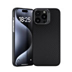iPhone 15 Pro Zore Magsafe Şarj Özellikli 600D Kevlar Zore Krek Karbon Standlı Kılıf-Siyah