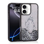 iPhone 16 Uyumlu Kılıf Sıvılı Simli Şeffaf Arka Yüzey Zore Keto Silikon Kapak-Siyah