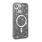 iPhone 14 Pro Max Kılıf Pırlanta Tasarımlı Magsafe Şarj Özellikli Zore Mozaik Silikon Kapak - Titany