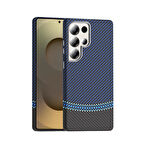 Galaxy S25 Ultra Kılıf M-safe Şarj Özellikli Karbon Fiber Görünümlü HGEA Gros Kapak - Siyah-Lacivert