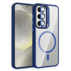 Galaxy S24 FE Kılıf Standlı ve Kamera Lens Hediyeli M-Safe Şarj Özellikli FRMS Etro Kapak - Lacivert