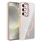 Galaxy S25 Kılıf Standlı ve Kamera Lens Hediyeli M-Safe Şarj Özellikli SYS Etro Kapak - Pembe