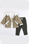 Erkek Bebek Kapşonlu İçi Peluş Ceketli 3'lü Takım