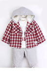 Erkek Bebek Kapşonlu Ekose Gömlekli 3'lü Takım
