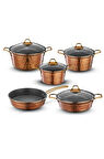 Brioni Copper 9 Parça Yanmaz Yapışmaz Bakır Görünümlü Granit Tencere Seti