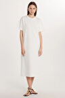 Kadın Regular Fit Kısa Kollu Esnek Kumaş Cepli Bisiklet Yaka Ekru Elbise 