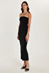 Kadın Slim Fit Dar Kesim Straplez Arka Yırtmaç Detaylı Siyah Midi Elbise