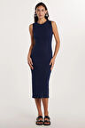 Kadın Slim Fit Dar Kesim Modal Bisiklet Yaka Sıfır Kol Maxi Lacivert Elbise