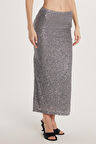 Kadın Slim Fit Simli Uzun Düz Gri Etek