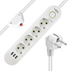 VEA VA-21560 4LÜ 1.5 METRE KABLOLU 3 USBLİ BEYAZ AKIM KORUMALI PRİZ