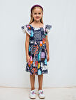 Pamuklu Desenli Kısa Kollu Kız Çocuk Elbise