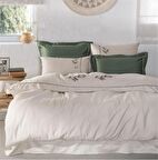 Ecocotton Derin Çift Kişilik Nevresim Takımı %100 Organik Pamuk Saten El Nakışlı Bej-Yeşil 200x220 Cm