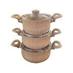 OMS 6 Parça Granit Güveş Set Sütlü Kahverengi Cam Kapaklı 3027