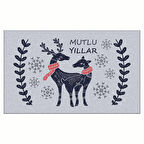 Yılbaşı Mutlu Yıllar Geyik Tasarım Kapı Önü ve Ev İçi Paspas 45x75 cm