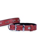 Doggie Konforlu Gerçek Deriden El Yapımı Kemik Süslü Köpek Boyun Tasması 2,5x37-45cm Kırmızı