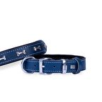 Doggie Konforlu Gerçek Deriden El Yapımı Kemik Süslü Köpek Boyun Tasması 3x42-50cm Royal Mavi