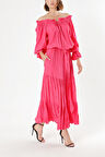 Fuşya Düşük omuzlu fırfırlı elbise 93465 | 40