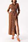 Kahve Şerit fırfır detaylı uzun gömlek elbise 94352 | M