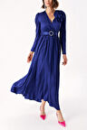 Lacivert Gül aksesuar detaylı anvelop uzun elbise 94219 | L