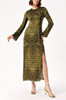 LEOPAR-OLIVE Uzun vücuda oturan yırtmaç detaylı elbise 94379 | M