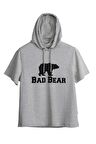 Bad Net Hoodie Gri Melanj Baskılı Kısa Kollu Kapüşonlu Erkek Sweatshirt