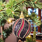 LÜKS YILBAŞI TOPU 8CM ALTIN BONCUK ŞERİTLİ IŞILTILI PAYETLİ SİYAH - BORDO ÇAM AĞACI SÜSÜ 3LÜ