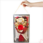 PVC Kutulu,Pelüş Ayıcık ve Kırmızı Güllü Kuru Çiçek Buketi 32cmx18cm