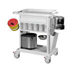 Trommelli ve İlaç Gözlü Pansuman ve Tedavi Arabası | Metal Gövde, ABS Tezgahlı, Antistatik Tekerlekli E-255