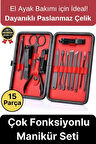 Profesyonel Lüks Paslanmaz Çok Fonksiyonlu El Ayak Tırnak Bakımı Deri Cüzdanlı Manikür Seti 15 Parça