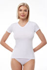 Kadın Beyaz V Yaka Kısa Kollu Modal Body 145