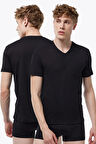Erkek Siyah Füme 2 li V Yaka Modal İnce Yaz Serinliği Tişört 2M085