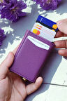 Otomatik Mekanizmalı Deri Cüzdan Kartlık Portföy Mor Renk
