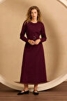 Kadın Yuvarlak Yaka Kuşaklı Elbise - Bordo | 40