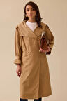 Kadın Kruvaze Düğmeli Kapüşonlu Trençkot - Camel | 38