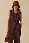 Kadın Düğmeli Cep Detaylı Yelek - Kahverengi | 40