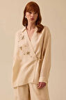 Kadın Keten Görünümlü Kruvaze Bağlamalı Gömlek - Bej | 44