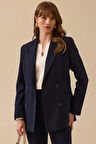 Kadın Kruvaze Yaka Düğmeli Astarlı Ceket - Lacivert | 42