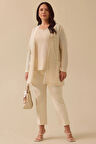 Galaxi Kadın Büyük Beden Aksesuarlı İç Bluzlu Üst Takım 4004 Krem