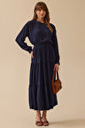Kadın Lastikli Kat Detaylı Uzun Elbise - Lacivert | 40