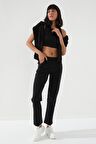 Siyah Taş Detaylı Cepli Rahat Form Klasik Paça Kadın Eşofman Altı - 94007 | XXL