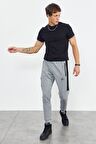 Gri Melanj Air Baskılı Fermuar Cepli Standart Kalıp Jogger Erkek Eşofman Alt - 84587 | L