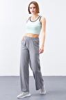 Gri Melanj Yüksek Bel Cepli Rahat Form Geniş Paça Kadın Eşofman Alt - 94567 | L