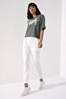 Ekru Yüksek Bel Jogger Rahat Form Manşetli Kadın Eşofman Alt - 94561 | M