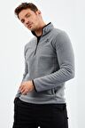 Gri Melanj Yarım Fermuarlı Sweatshirt Slim Fit Dik Yaka Erkek Polar - 87891 | XL