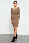 Bej Kaşkorse Triko Dar Kalıp Patlı Yaka Kadın Elbise - 97116 | L