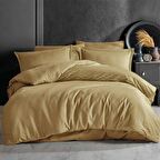 ÇİZGİLİ SATEN NEVRESİM TAKIMI ÇİFT KİŞİLİK DÜZ RENK  HARDAL